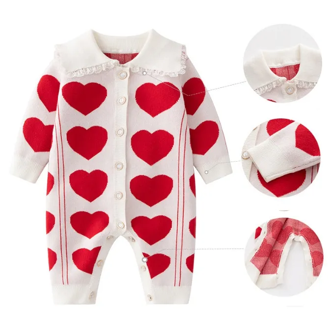 Baby Love Heart Sticke Rompers Spädbarn barn spets lapel långärmad jumpsuits höst vinter nyfödda flickor kläder z3036