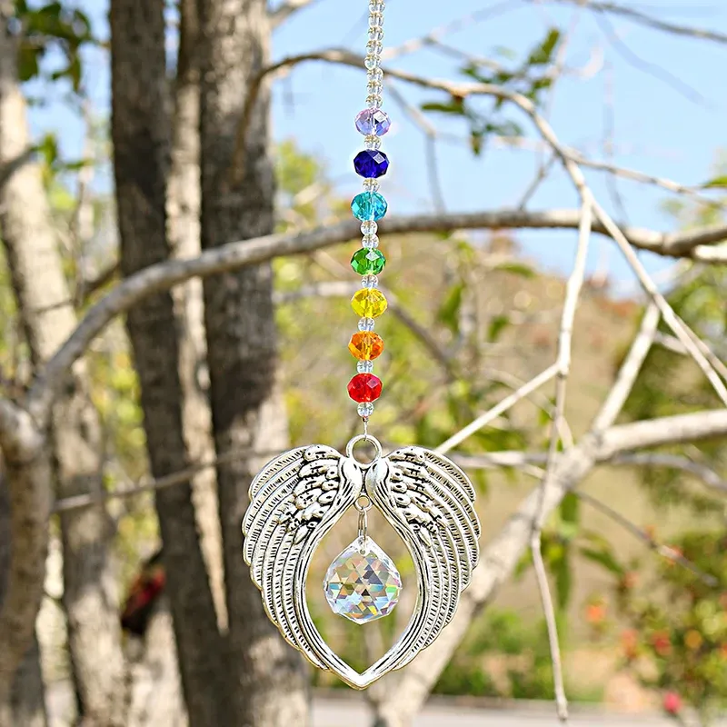 Suncatchers H&D Crystal Angel Wing Pendant with Crystal Ball Rainbow Maker Hangings Suncatcher for Window Home Garden Decor Gifts