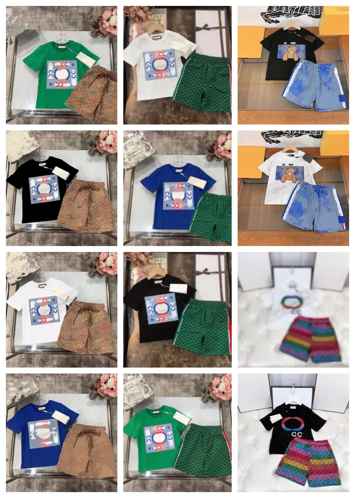 Çocuk Tasarımcı Giysileri Setleri Moda Bebek Erkek Kız Kızlar Ayı Mektup Baskılı Kısa Kollu T-Shirt Stripe Şort 2 PCS Yaz Çocuklar Günlük Kıyafetler S1263