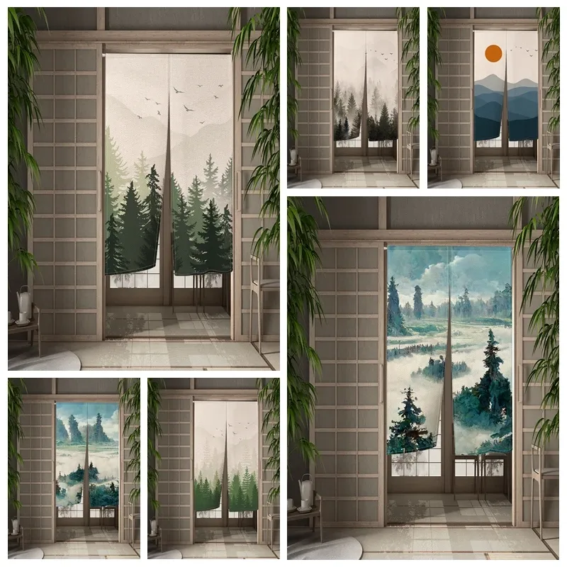 Cortinas japonês noren enevoado floresta porta cortina aquarela nebuloso selva árvores porta cortina arte linho pendurado meia cortina decoração do quarto