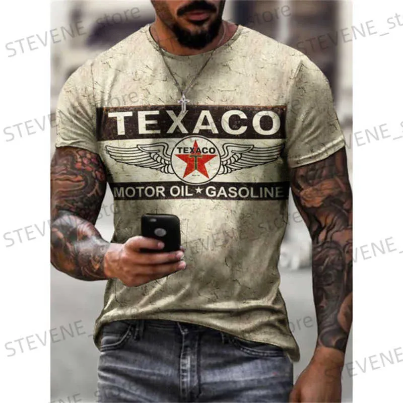 Мужские футболки Новая мужская футболка Texaco Бензин + Моторное масло Буквы с 3D принтом Короткие рукава Летняя мужская футболка большого размера с круглым вырезом в стиле ретро T240325