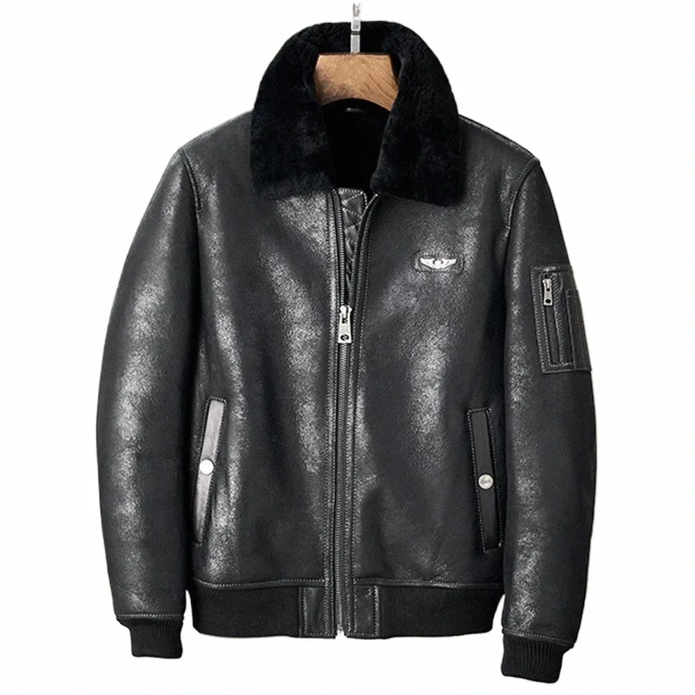 Męska kurtka Shearling Black Color B3 Pilots płaszcz Aviati Męski futra płaszcz Krótki styl 62YQ#