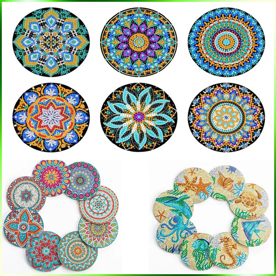 Stitch CHENISTORY 6 / 8PCS Mandala Diamond Painting Coaster avec rack Diy Diamond Mosaic Brink tasse de coussin