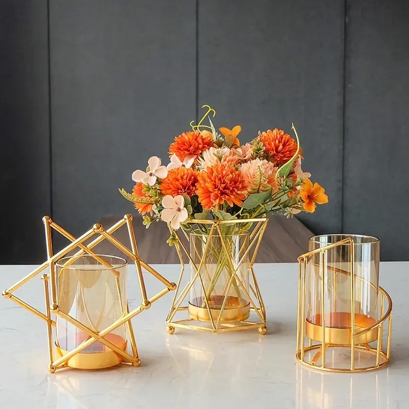 Vases nordiques en fer, Arrangement de fleurs en verre, ornements de galvanoplastie, Vase en verre hydroponique, ornements de décoration