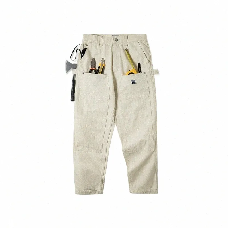 Maden Multi Pockets 화이트 청바지 빈티지 헐렁한 작업복 오래된 fi functial design chino 바지 mens 수정 된 lumberjack 바지 x0gz#