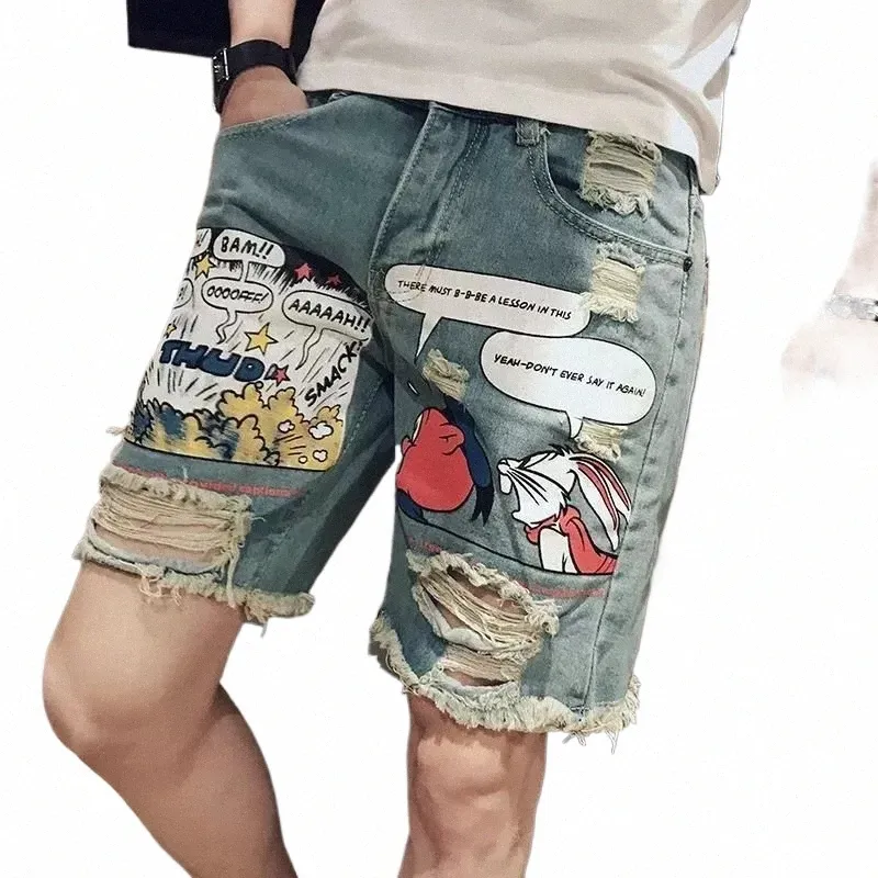 male Denim Shorts Ripped with Text Men's Short Jeans Pants Multi Color Sale Retro Streetwear Stretch Jorts Vintage Xl Harajuku o8xy#