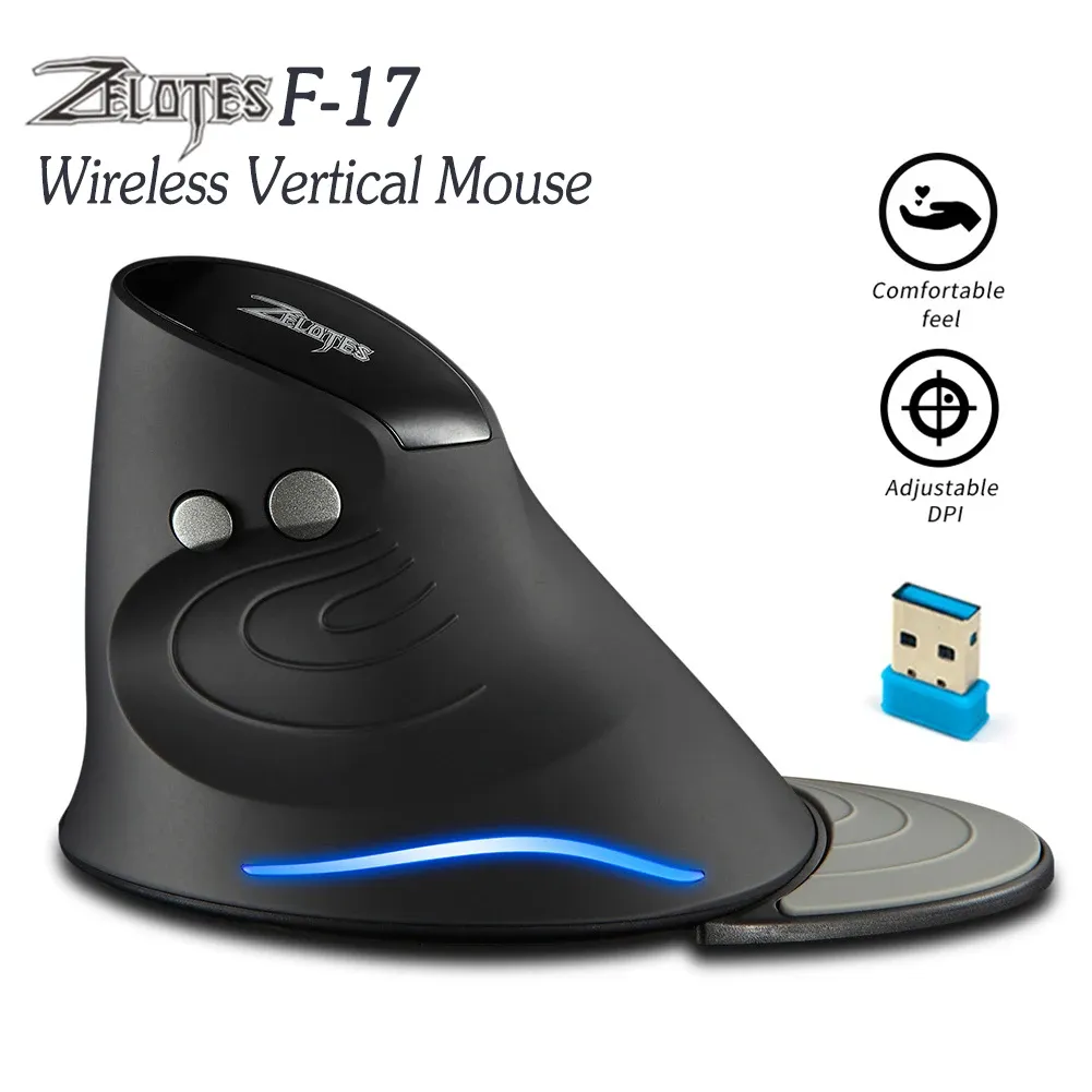 Möss Zelotes F17 Gaming Vertical Mouse 6Button 2400DPI Ergonomisk upprättstående Wireless LED -skrivbordsspelmöss för dator bärbara anteckningsbok