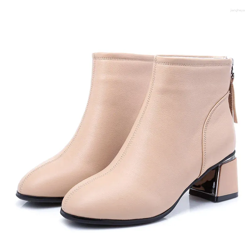 Bottes en cuir véritable femmes cheville mode plate-forme fourrure chaude talon haut chaussures d'hiver femme chaussures décontractées taille 35-43