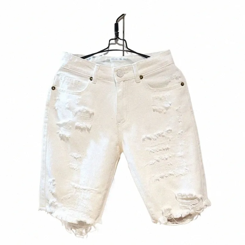 2022 Verano Fi Recortado Pantalones cortos rasgados de los hombres sueltos rectos ocasionales pantalones de mezclilla blancos streetwear hombres novio jeans w5ky #