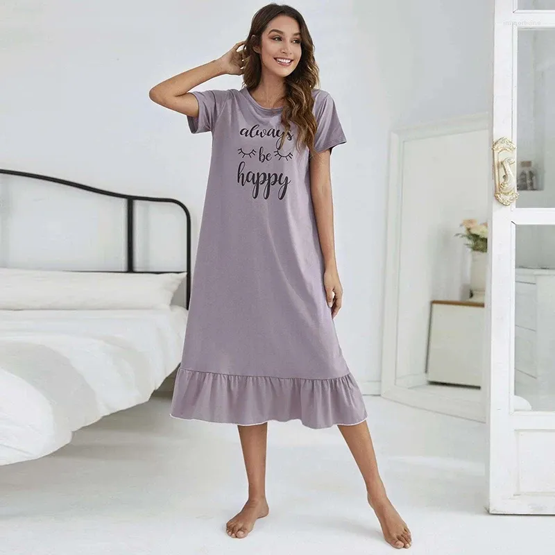 Damen-Nachtwäsche, Sommermode, Damen-Pyjamas, weiche Nachtwäsche, lila, mittellange Nachthemden, runder Kragen, weibliches Nachthemd, Dessous, Schlaf