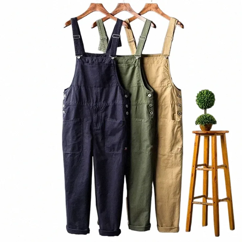 Retro Work Suit kombinezon Para luźne wyposażenie proste spodnie Duże kieszeń grube zwykłe kombinezony Mężczyźni jednoczęściowe szelki spoda 11db#