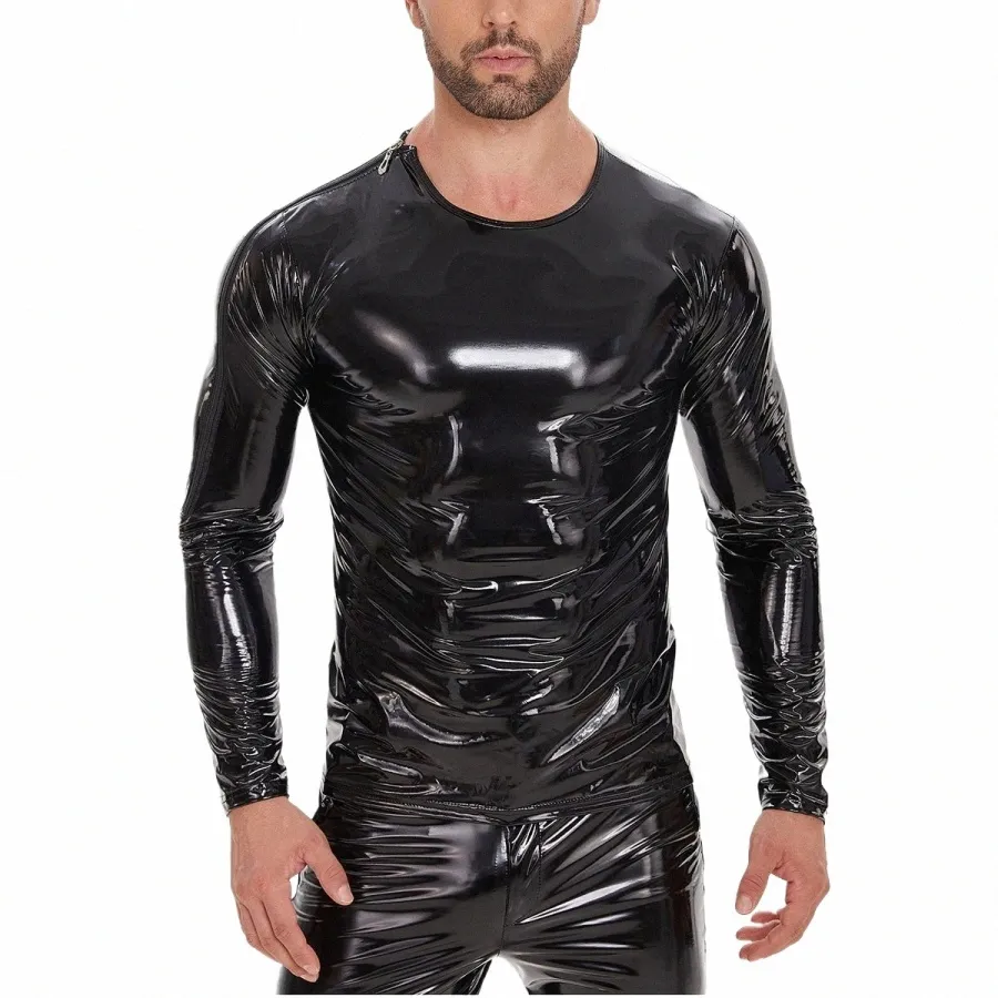 S-7xl Men Tshirt High-Gloss Patent Leather LG Sleeve Tight Coat Shiny Jacket PU Leather Hip Hop Tee Shists Muscle Shaper Tops S7LH＃