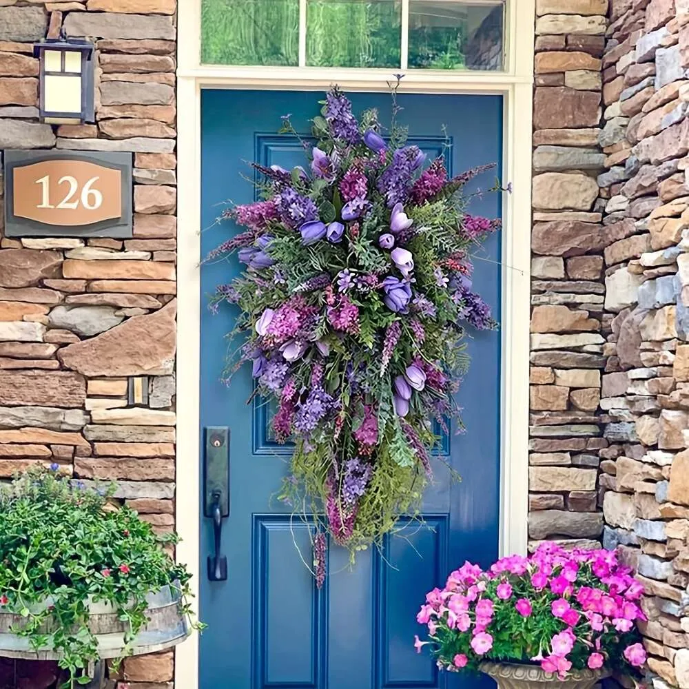 1 unidade, árvore de guirlanda de flor de arco de borboleta de simulação de primavera, decoração de suspensão de porta de pátio ao ar livre, decoração de casa perfeita e presente de feriado, roxo de 19 polegadas