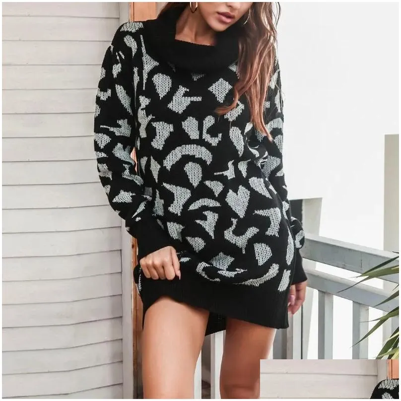 Basic Casual Dresses Fall Women Leopard Print Sweater Dress Turtleneck Mini Long Sleeve Knitted Autumn Vestido Onal4550265 Drop Delive Otk3R