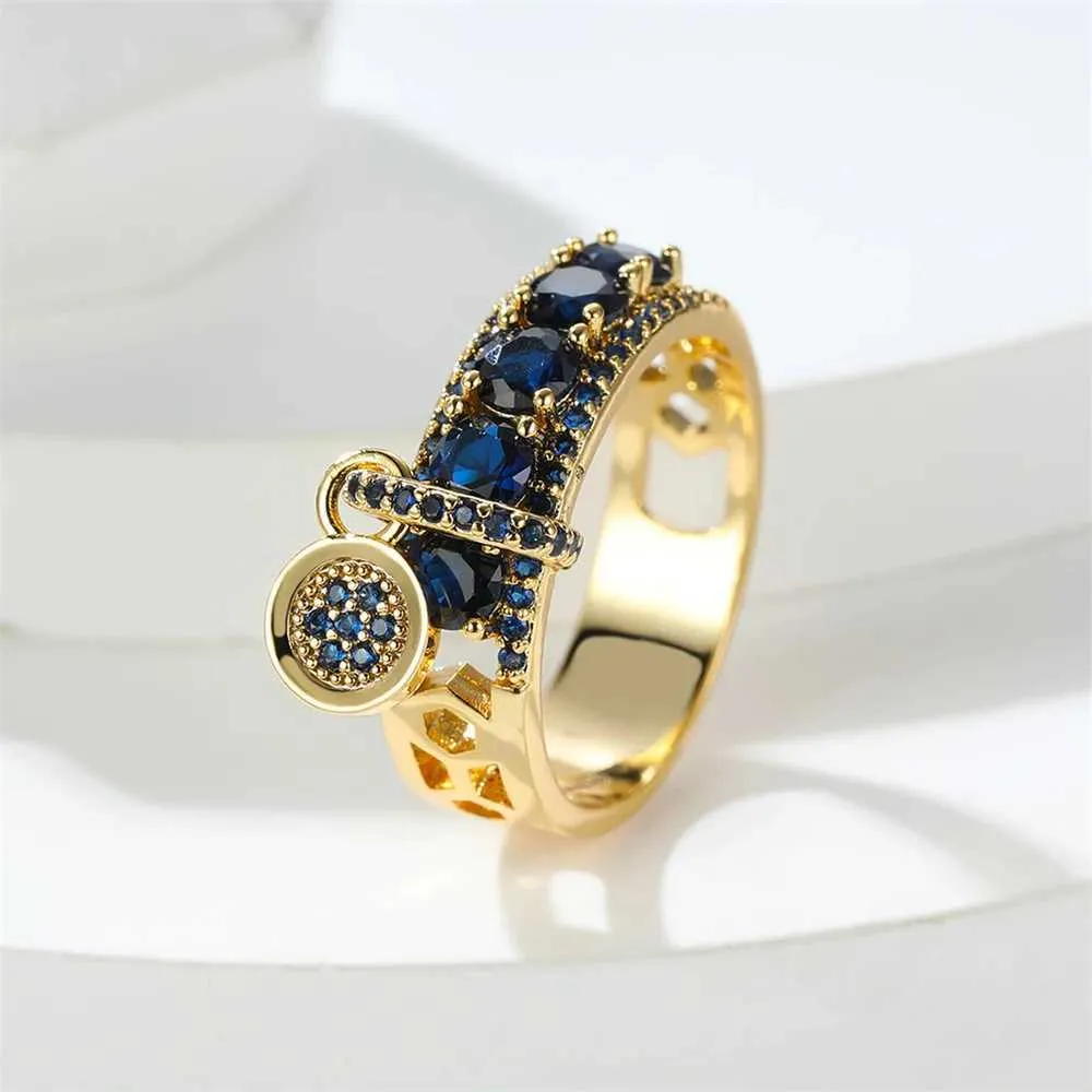 Bandringe Retro Royal Blue Stone Ring Gelbgold Luxus Damen Ehering Runder Ring Verlobungsschmuck Geschenke J240326