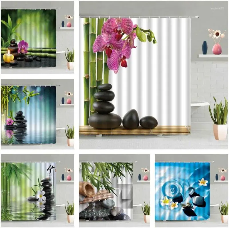 Tende da doccia Zen Stone Buddha Tenda Acqua Fiore di bambù Impermeabile Bagno Appeso a parete Schermo per vasca da bagno Set di decorazioni per la casa