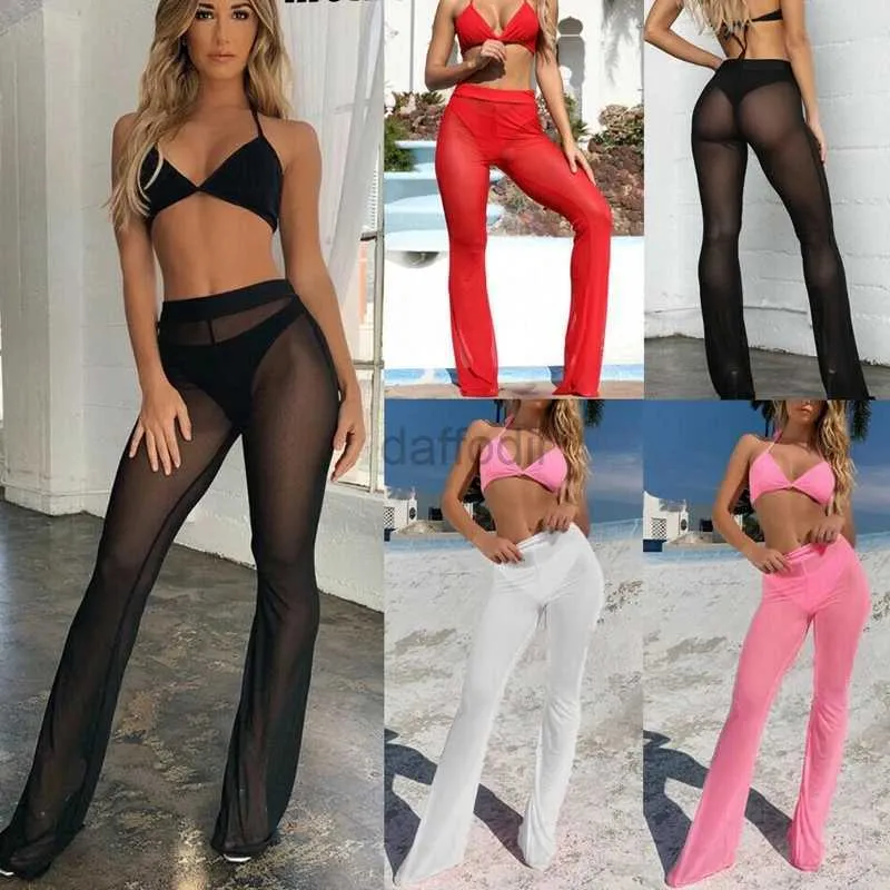 Women's Swimwear Combhasaki Sexy Womens Beach View Mesh High Waist Elastic Transparent Wide Leg Trousers Bohemian Bikini Cover S-XL 24326