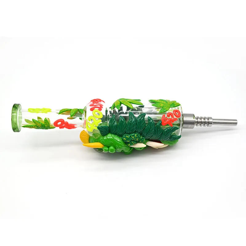 25.5cm/10in,Glass Bong With 420 Pattern,Glow In Dark,Borosilicate Glass Water Pipe With One Percolator,Nectar Collector Glass Colorful NC Kit,Smoking Accessaries