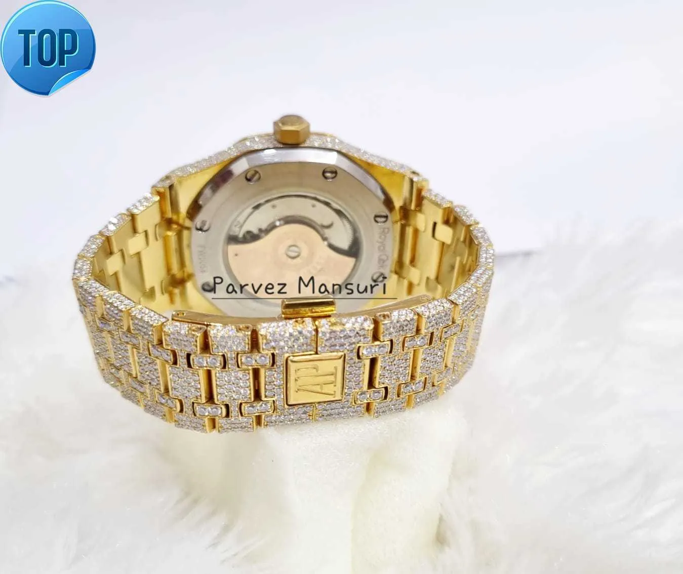Montre glacée en diamant moissanite en or jaune|Montre à mouvement automatique AP Swiss | Montre-bracelet Moissanite faite à la main
