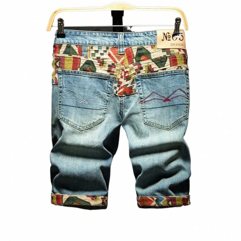 Chinese Stijl Borduren Denim Shorts Mannen Fi Gat Gescheurd Slanke Retro Blauw Wo Korte Jeans Mannelijke Straat Knielange broek E42g #