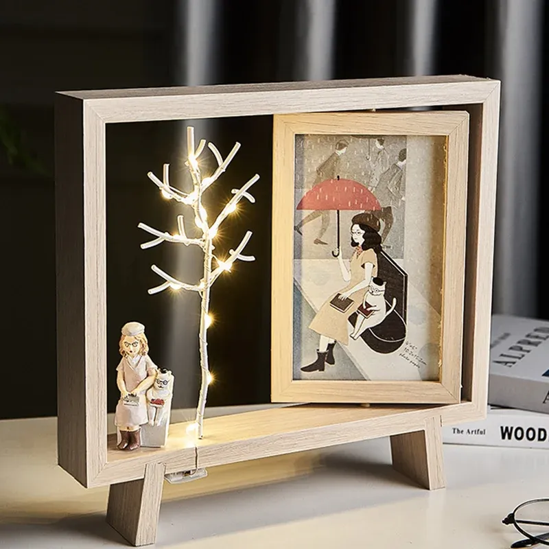 Frame 6 Inch Rotation Photo Frame Wood Photo Holders with Led Light Home 3D Cartoon Couple Picture Frames Ornament Gifts