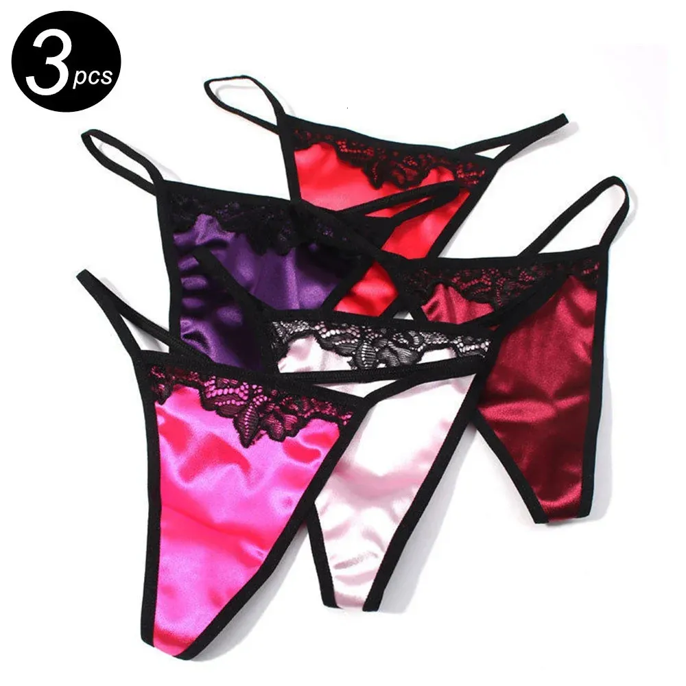 3PCS Glossy Lace Trim G String Silk Satin Women Thong Large Size Sexy Ladies T-back Underwear Plus Size Nightwear 240315