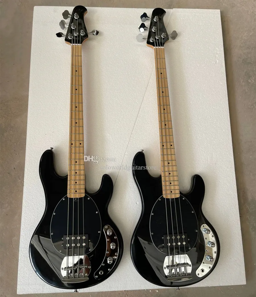 4 strängar Glossy Black Electric Bass Guitar med Maple Fingerboard -prickar Inlägg kan anpassas