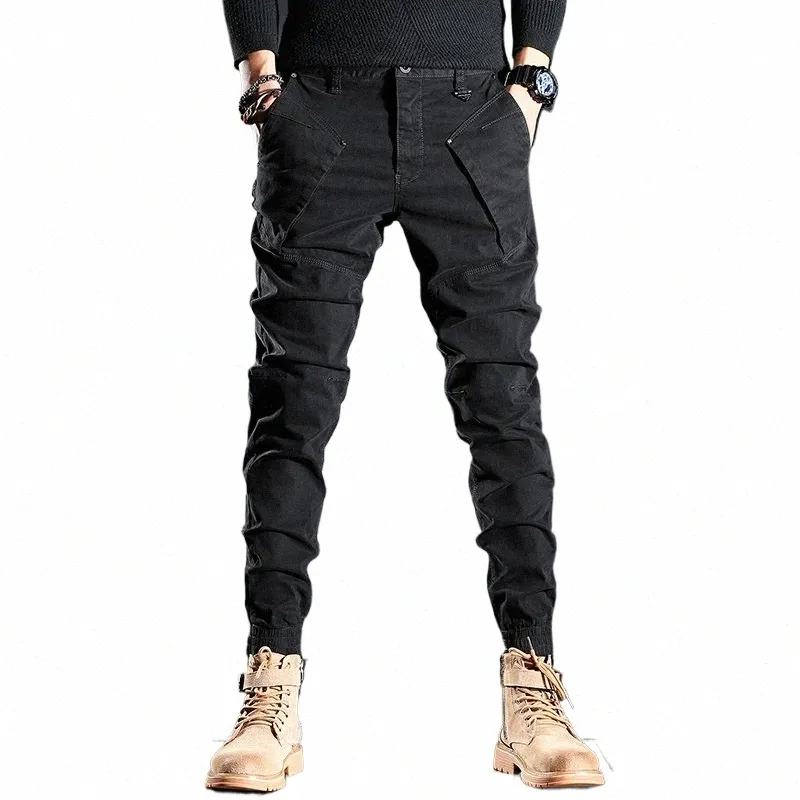 Streetwear Fi Hommes Jeans Pantalons Épissé Designer Élastique Slim Fit Casual Pantalon Cargo Hombre Hip Hop Joggers Hommes Salopette u0lA #