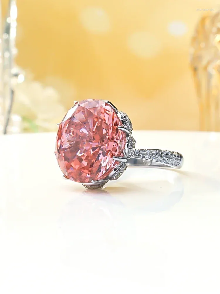 Cluster-Ringe Desire Künstlicher Papalacha-Orange-Rosa-Ring Großer Edelstein-Diamant Weiblicher Zeigefinger aus 925er Silber