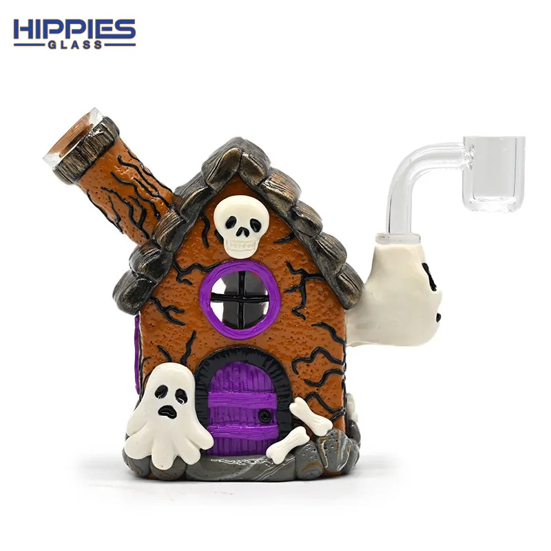 Glass Water Pipe,Polymer Clay Halloween Theme Glass Smoking Item With Cartoon House,Home Desktop Decoration,Tobacco Glass,Glass Hookah,Glass Bong