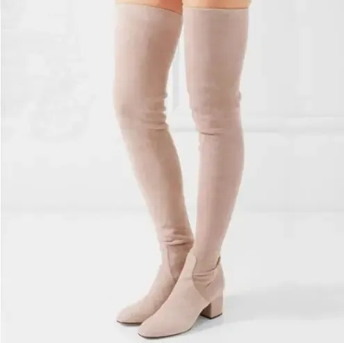 Spring Ladies Apricot Grey Black Suede Patent Leather Square Med Heels Round Toe Over The Knee Boots Women Thigh Long Botas Shoe