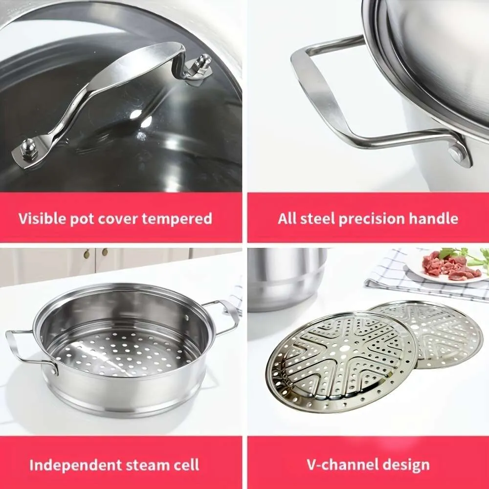 Applicable to Induction Cooking, Gas Electric Ceramic Furnace, Thickened Stainless Steel Three-layer Steamer, Used for Steaming Buns, Dumplings, Vegetables,