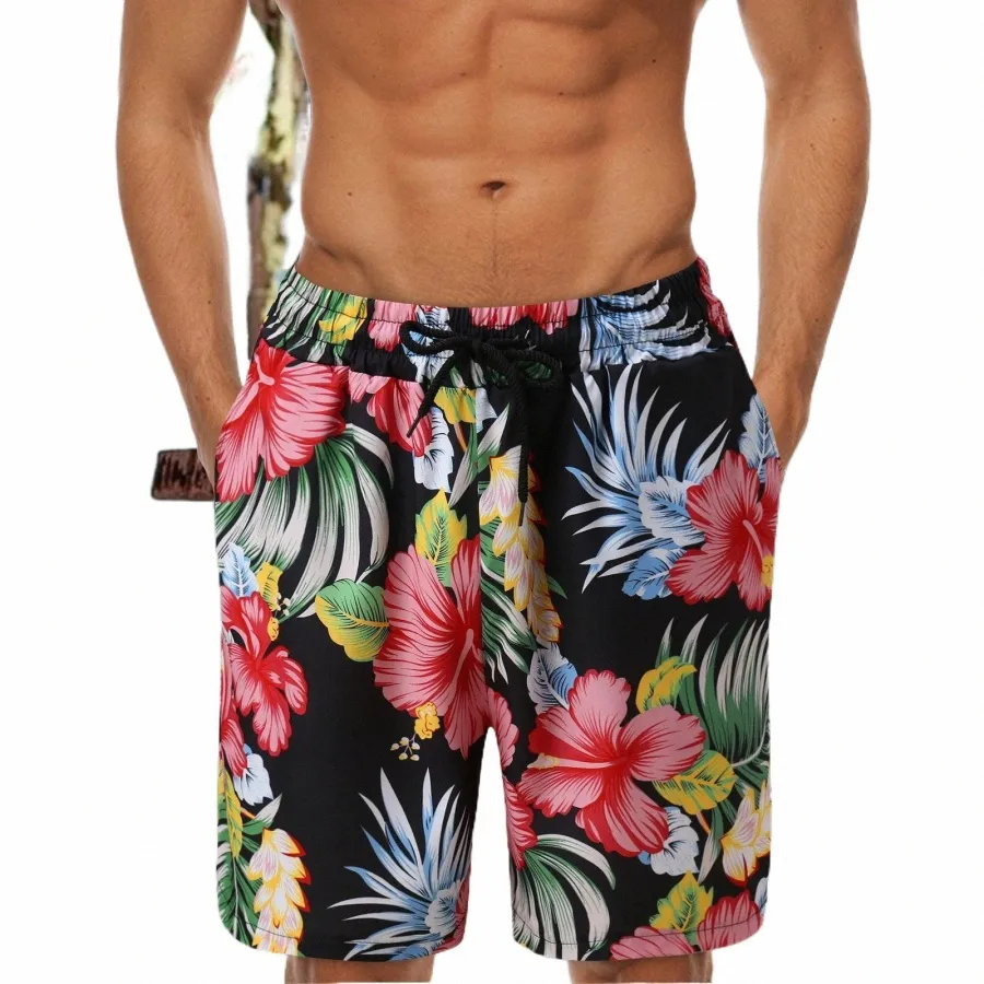 Boho Vintage Floral Print Shorts for Men Bandage podwójne kieszonki Kolanki Kolanowe Summer Aloha Beach Vacati Swimsuit p5zd#