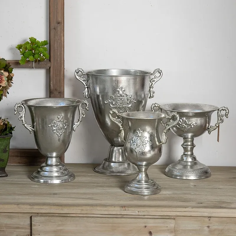 Vasos europeu retro ferro prata clássico vaso de flores ornamentos casa varanda vaso de flores arte mesa de casamento arranjo de flores decoração