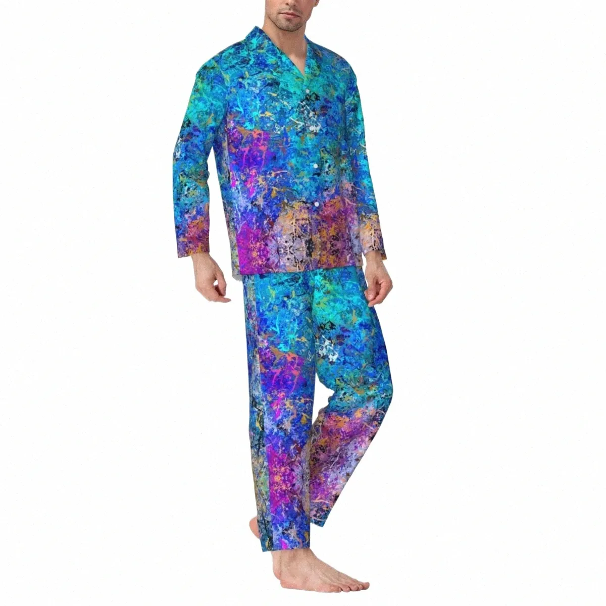 ne peinture vêtements de nuit automne abstrait éclaboussures décontracté surdimensionné pyjama ensemble hommes lg manches confortable chambre imprimé costume à la maison d5wM #