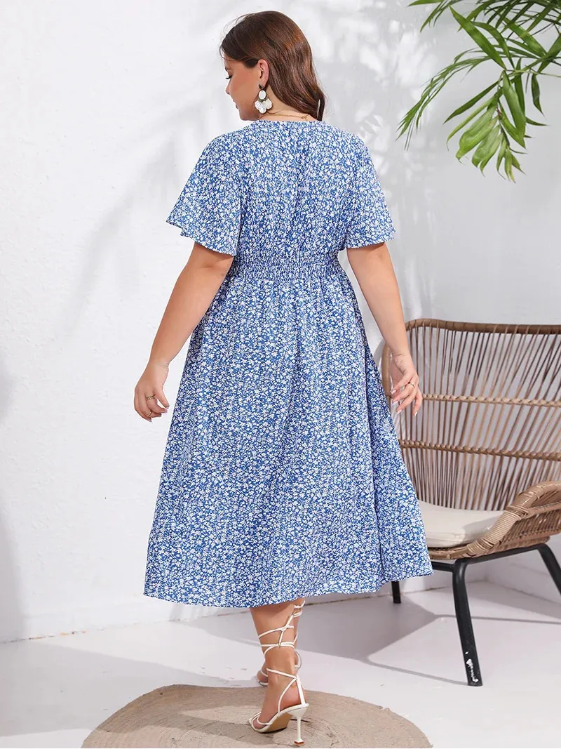 Plus Size Women Dress Blue Green Floral A-Line Mid-Calf V-Neck Short Sleeve  Polyester from Dhgate Plus size Dresses - price 47.49