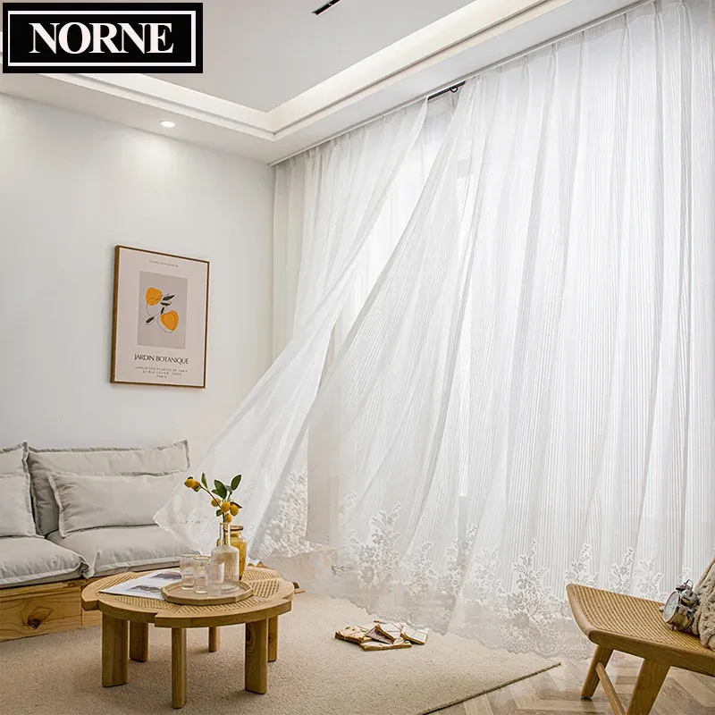Шторы NORNE, однотонные белые тюлевые оконные прозрачные занавески для гостиной, спальни, вуаль в вертикальную полоску с жаккардовой драпировкой на подоле, на заказ