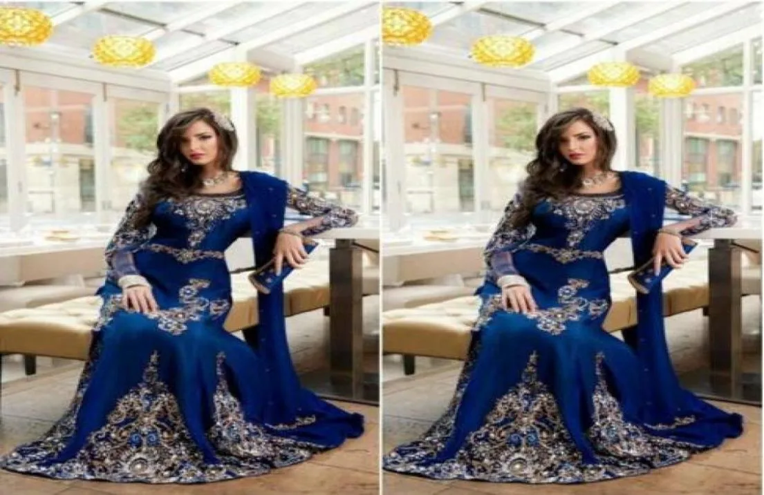 Royal Blue Luxury Crystal Muslim Arabic Prom Dresses With Applique Lace Abaya Dubai Kaftan Long Plus Size Formal Evening Gowns9046955