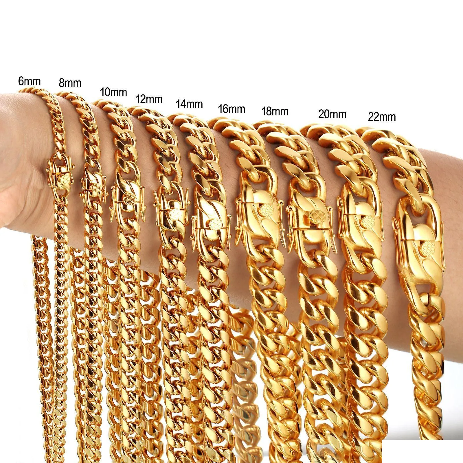 Chains 6-22Mm Hip Hop Stainless Steel Miami Cuban Link Chain Bibcock Clasp Mens Simple 18K Real Gold Plated Jewelry Drop Delivery Neck Ot5Oo