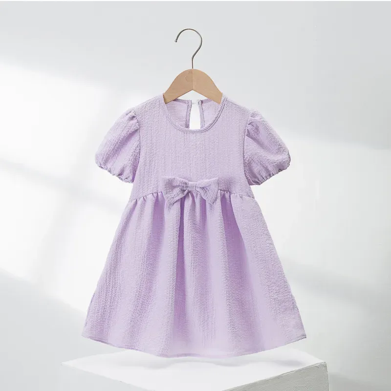 Summer Kids Girls Bow Dress Puff Sleeve Macaron Color Children Princess Dresses Clothes M4146