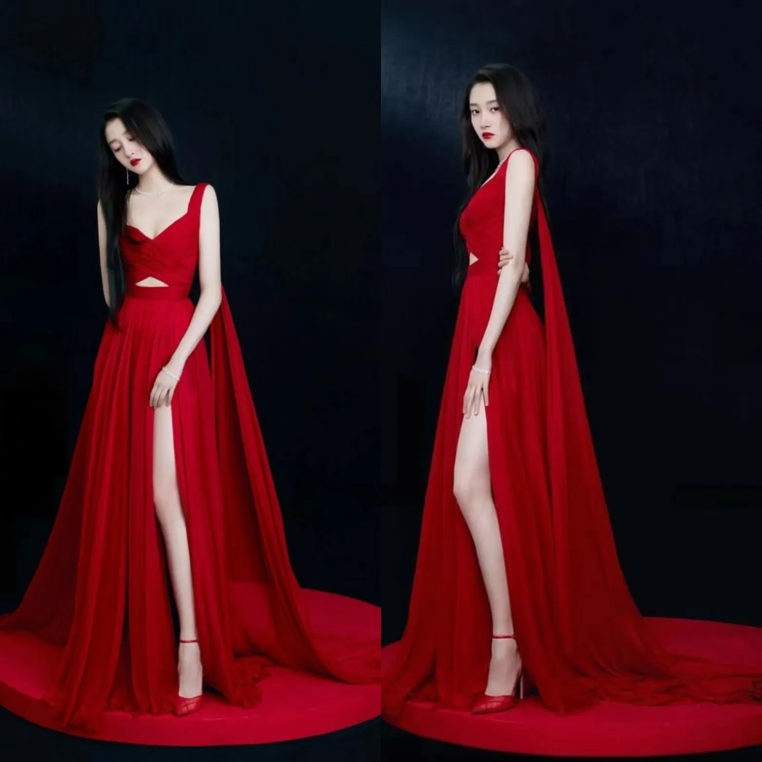 Sexy Long Red V-Neck Pleated Celebrity Dresses With Slit A-Line Chiffon Sleeveless Sweep Train Zipper Back Prom Dresses for Women