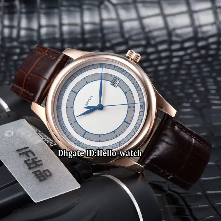 الفاخرة الكلاسيكية الجديدة Calatrava 5296 5296r-001 White Blue Dial Japan Miyota 8215 Automatic Mens Watch Rose Gold Case Leather Strap 249J