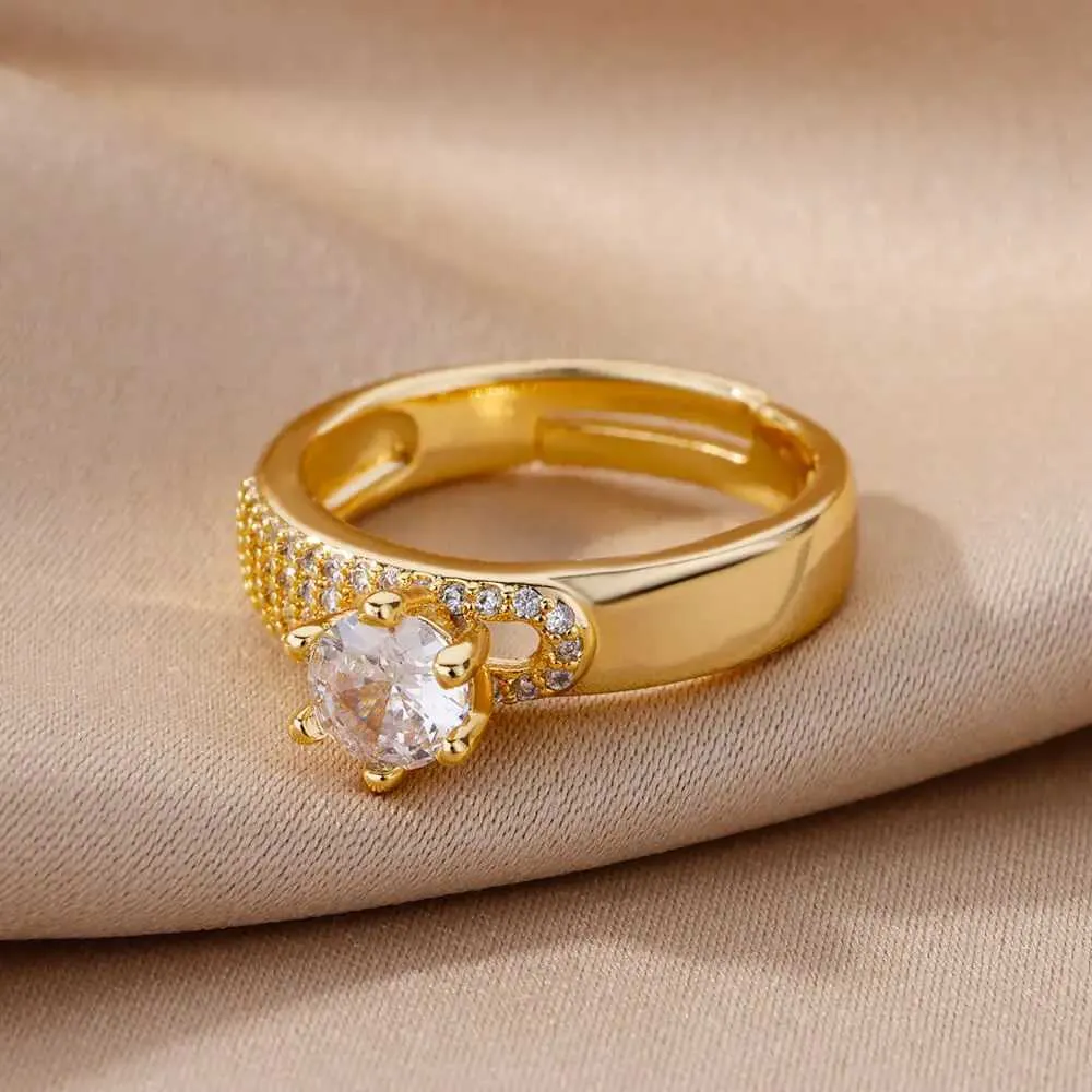 Bandringe Edelstahl Runder Ring Damen Zirkon Geometrisch Gold Kristall Ring Mode Hochzeit Schmuck Geschenktüte Frauen J240326