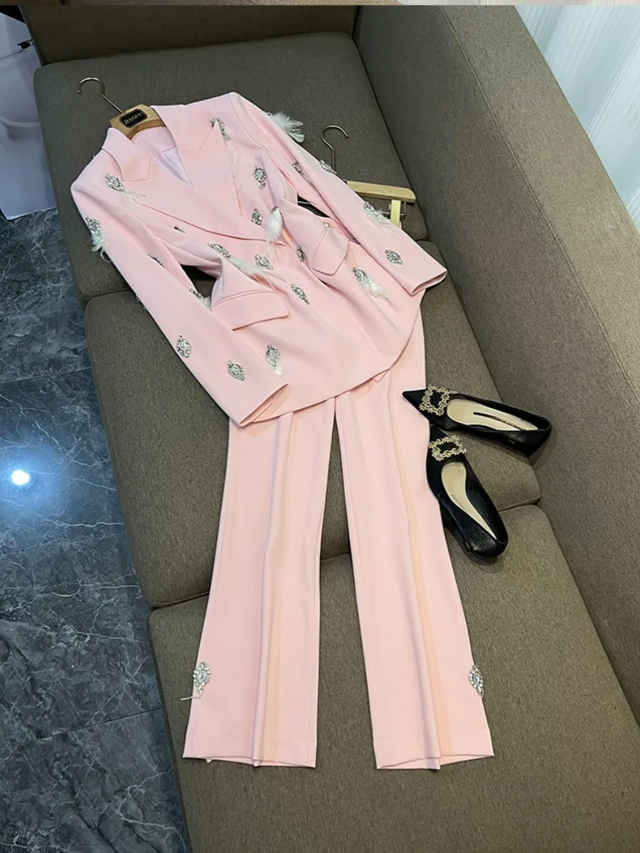 2024 Spring Pink / Blue Rhinestone Dwuczęściowe spodnie Zestawy z długim rękawem z koralikami Blazery Top + długie spodnie Zestaw Dwuczęściowe garnitury M4M213654