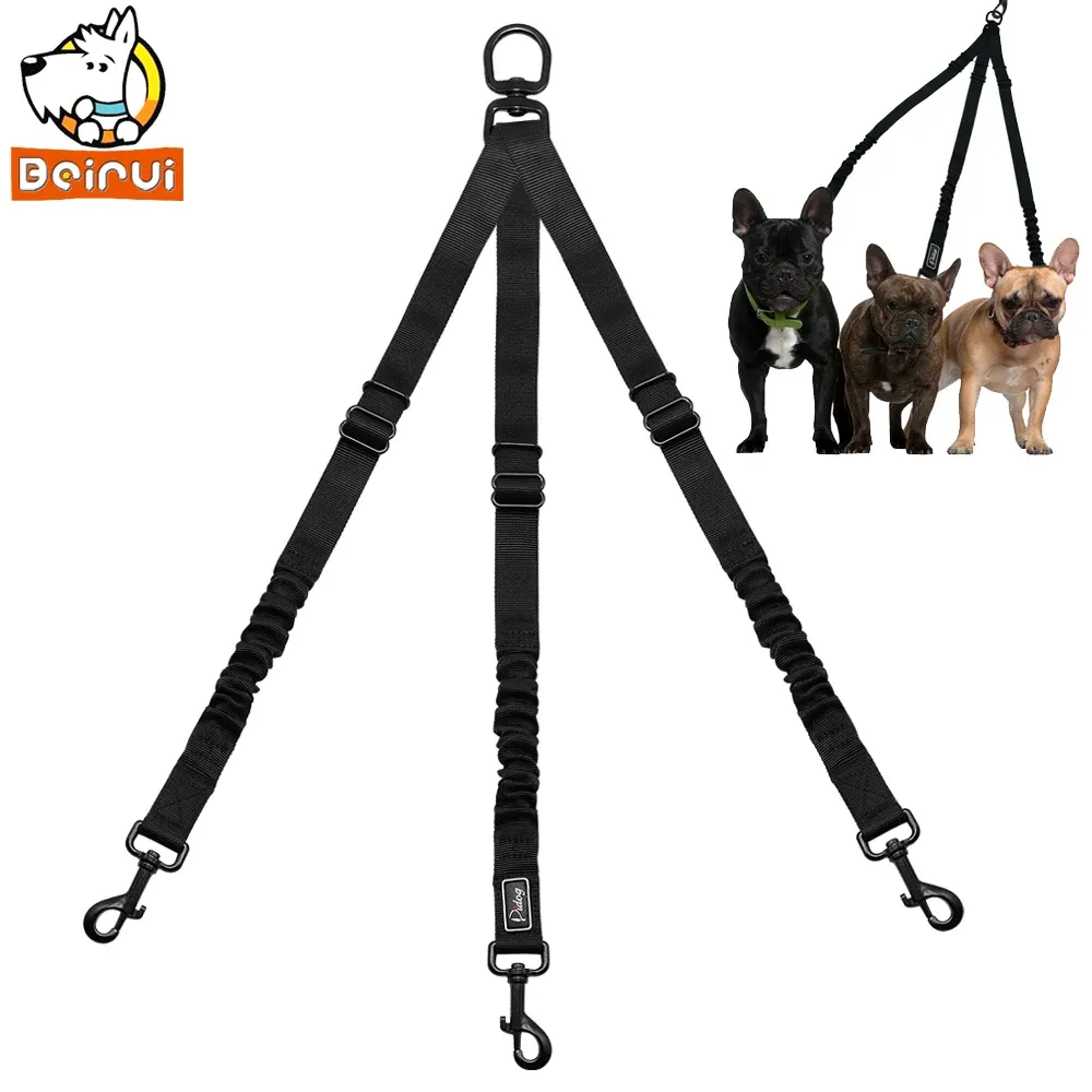 Trelas bungee 3 vias cão trela acoplador sem emaranhado náilon ajustável cinta de caminhada múltiplo animal de estimação três cães leva preto pequeno grande cães