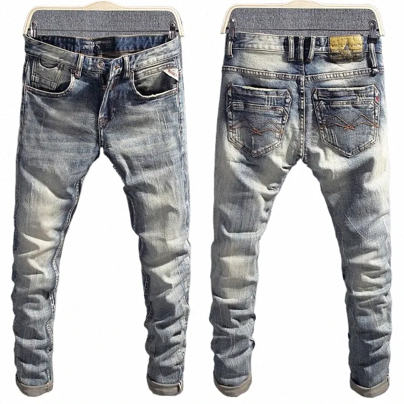 italian Style Fi Men Jeans Retro W Slim Fit Stretch Ripped Jeans Men Trousers Vintage Designer Casual Denim Pants Hombre J96G#