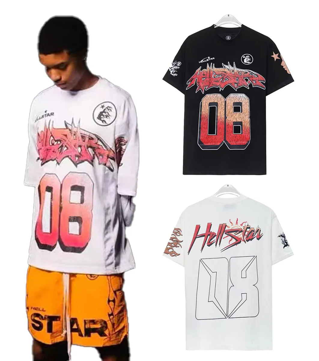 Projektantka amerykańska marka HellStar koszulka Męska T-shirt pullover alfabet graffiti płomień druk mens krótki rękaw luźne uliczne młodzież młodzież z krótkim rękawem top