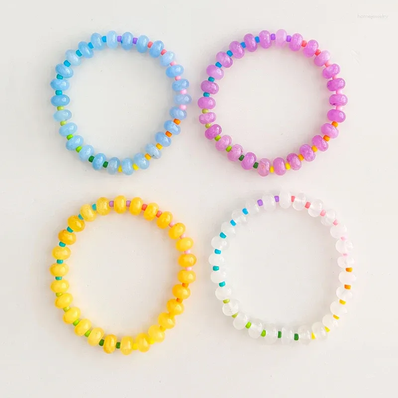 Bracelets de perles en pierres naturelles dégradé arc-en-ciel, en verre coloré, riz, extensible, bijoux d'été pour femmes