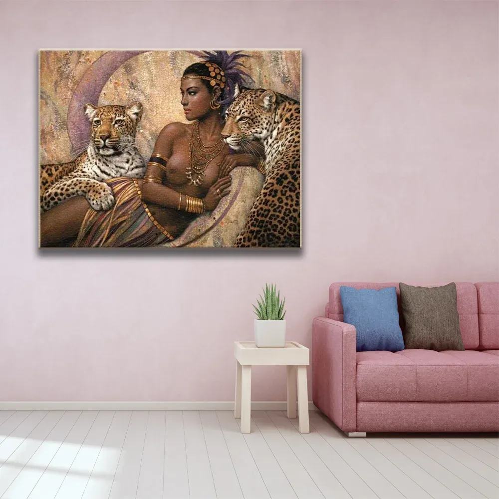 Nummer DIY Golden Afrika Frau Leopard Ölgemälde nach Zahlen Erwachsene farbenfrohe Farbwandkunst Bild für Wohnzimmer Wohnkultur