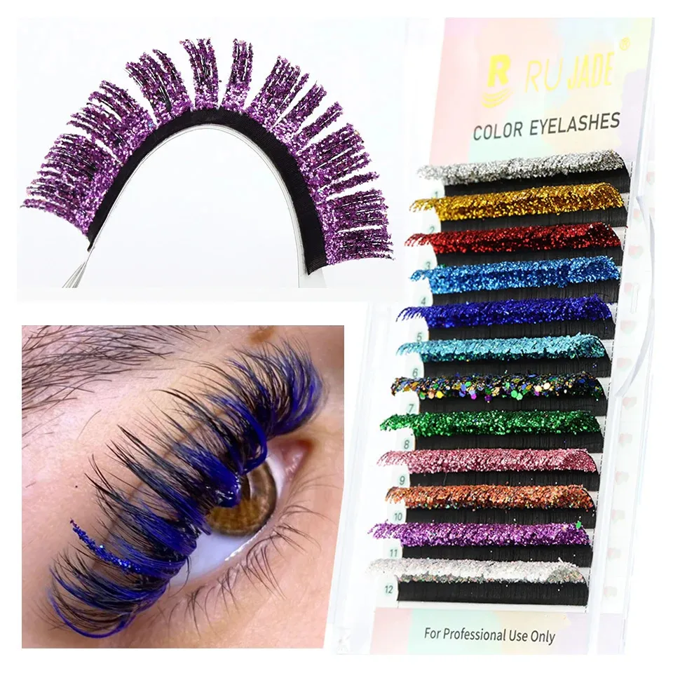 Glänsande färgglada falska fransar blandar färger glitter ögonfransförlängningar ryska volym individuell makeup frans för fest cilias 240318